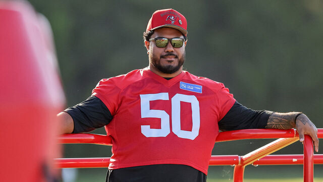TAMPA, FLORIDA - AUGUST 9: Vita Vea #50 of the Tampa Bay Buccaneers watches practice during training camp at AdventHealth Training Center on August 9, 2026 in Tampa, Florida.