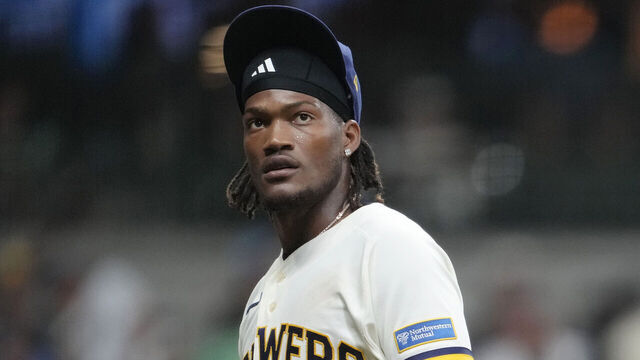 MILWAUKEE, WISCONSIN - AUGUST 04: Abner Uribe #45 of the Milwaukee Brewers celebrates against the Pittsburgh Pirates in the eighth inning at American Family Field on August 04, 2026 in Milwaukee, Wisconsin.