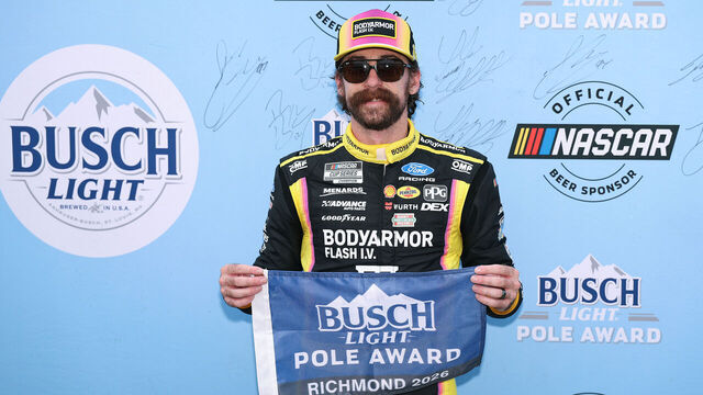 RICHMOND, VIRGINIA - AUGUST 14: Ryan Blaney, driver of the #12 BODYARMOR FLASH I.V. Ford, poses for photos after winning the pole award during qualifying for the NASCAR Cup Series Cook Out 400 at Richmond Raceway on August 14, 2026 in Richmond, Virginia.