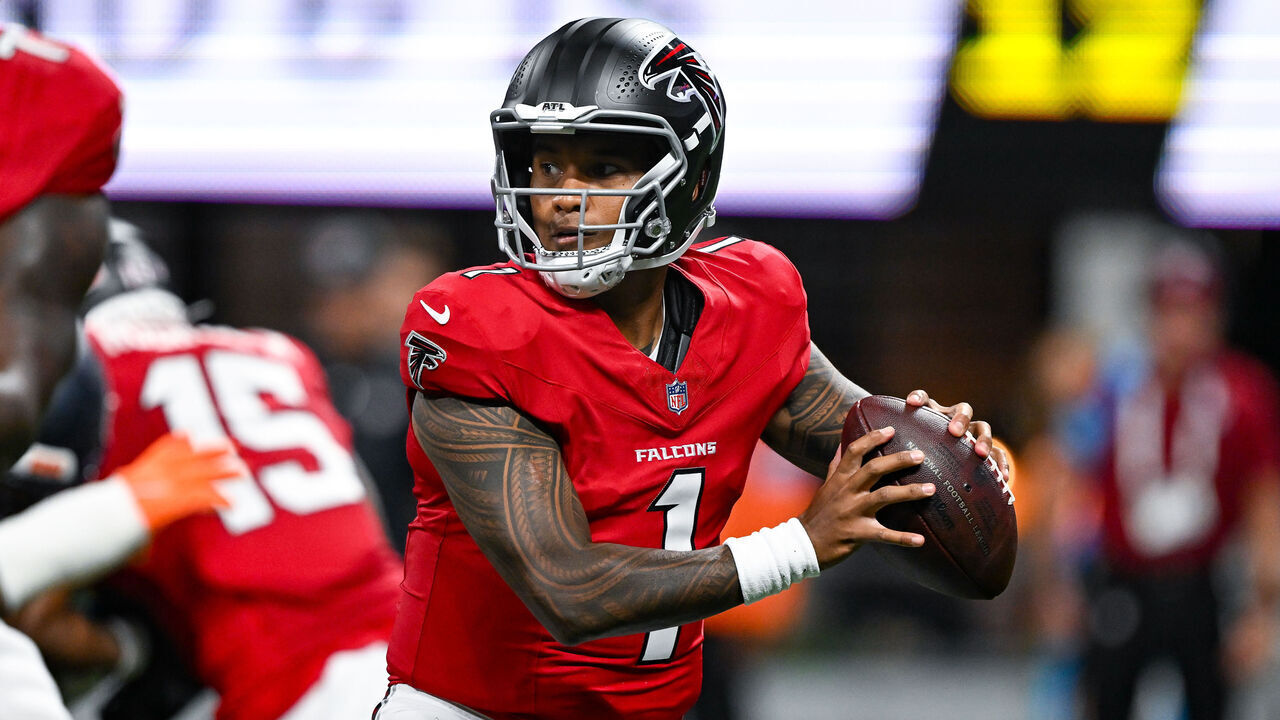 ATLANTA, GA - AUGUST 14: Atlanta quarterback Tua Tagovailoa (1) drops back to pass during the NFL pre-season game between the Denver Broncos and the Atlanta Falcons on August 14th, 2026 at Mercedes-Benz Stadium in Atlanta, GA.