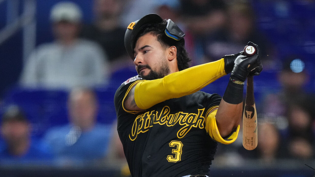 MIAMI, FLORIDA - AUGUST 13: Nick Gonzales #3 of the Pittsburgh Pirates bats during a game against the Miami Marlins at loanDepot park on August 13, 2026 in Miami, Florida.
