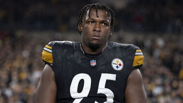 PITTSBURGH, PENNSYLVANIA - JANUARY 4: Keeanu Benton #95 of the Pittsburgh Steelers looks on looks on during the national anthem prior to an NFL football game against the Baltimore Ravens at Acrisure Stadium on January 04, 2026 in Pittsburgh, Pennsylvania.