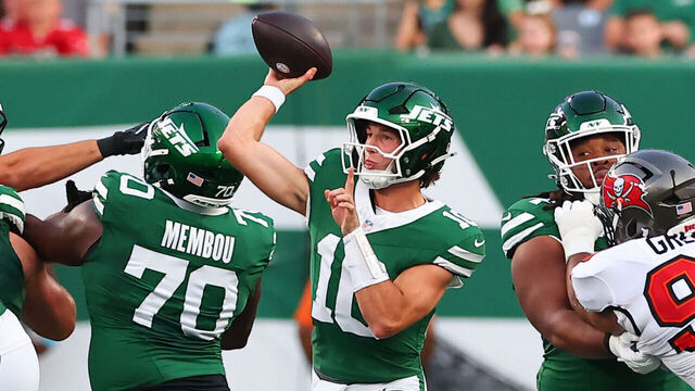 EAST RUTHERFORD, NJ - AUGUST 14: Cade Klubnik #10 of the New York Jets passes during the game against the Tampa Bay Buccaneers on August 14, 2026 at MetLife Stadium in East Rutherford, New Jersey.