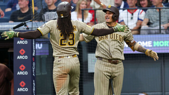 CLEVELAND, OH - AUGUST 14: San Diego Padres right fielder Fernando Tatis Jr. (23) celebrates with San Diego Padres third baseman Manny MacHado (13) after hitting a home run during the fifth inning of the Major League Baseball interleague game between the San Diego Padres and Cleveland Guardians on August 14, 2026, at Progressive Field in Cleveland, OH.