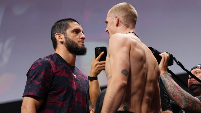 PHILADELPHIA, PENNSYLVANIA - AUGUST 14: (L-R) Opponents Islam Makhachev of Russia and Ian Machado Garry of Ireland face off during the UFC 330 ceremonial weigh-in at Xfinity Mobile Arena on August 14, 2026 in Philadelphia, Pennsylvania.