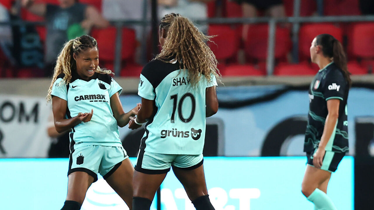 HARRISON, NEW JERSEY - AUGUST 14: Midge Purce #23 of NJ/NY Gotham FC celebrates scoring her team's first goal with teammate Jaedyn Shaw #10 during the NWSL match between NJ/NY Gotham FC and Kansas City Current at Sports Illustrated Stadium on August 14, 2026 in Harrison, New Jersey.