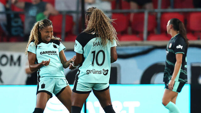 HARRISON, NEW JERSEY - AUGUST 14: Midge Purce #23 of NJ/NY Gotham FC celebrates scoring her team's first goal with teammate Jaedyn Shaw #10 during the NWSL match between NJ/NY Gotham FC and Kansas City Current at Sports Illustrated Stadium on August 14, 2026 in Harrison, New Jersey.