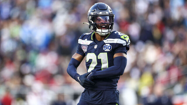 SANTA CLARA, CALIFORNIA - FEBRUARY 8: Devon Witherspoon #21 of the Seattle Seahawks reacts after a play during the second quarter of the NFL Super Bowl LX football game against the New England Patriots, at Levi's Stadium on February 8, 2026 in Santa Clara, California.