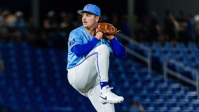 Dunedin Blue Jays pitcher Ricky Tiedemann (33) delivers a pitch in the sixth inning of the Blue Jays vs St. Lucie Mets game at TD Ballpark in Dunedin, Florida, USA, on July 29, 2026.