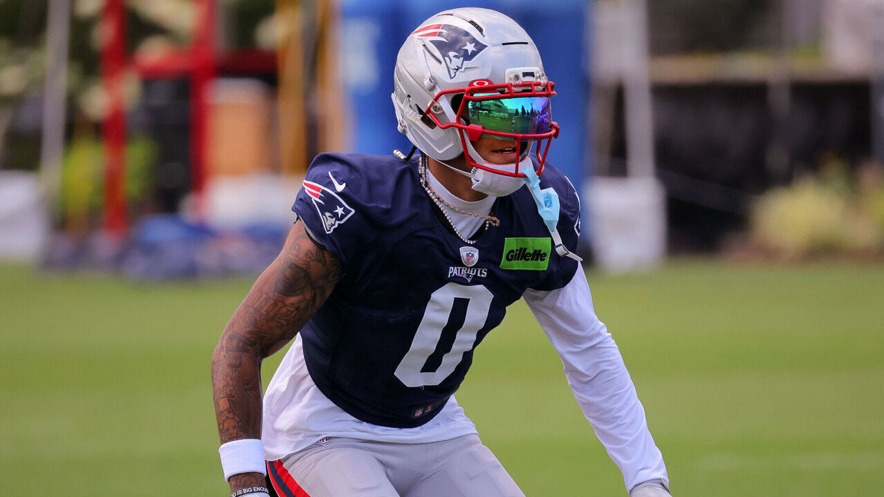 Foxborough, MA - August 6: New England Patriots cornerback Christian Gonzalez competes in a drill at training camp on August 6, 2026.