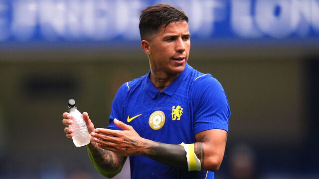 Chelsea's Enzo Fernandez applauds the fans after the final whistle in the pre-season match at Stamford Bridge, London. Picture date: Saturday August 15, 2026.