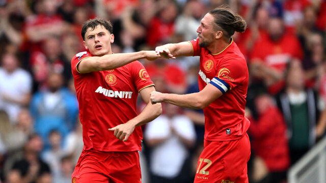 Middlesbrough's Will Lankshear (left) celebrates scoring their side's first goal of the game during the Sky Bet Championship match at the Riverside Stadium, Middlesbrough. Picture date: Saturday August 15, 2026.