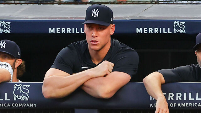 BRONX, NY - AUGUST 04: Aaron Judge #99 of the New York Yankees in the dugout during the game against the St. Louis Cardinals on August 4, 2026 at Yankee Stadium in the Borough of the Bronx, New York.