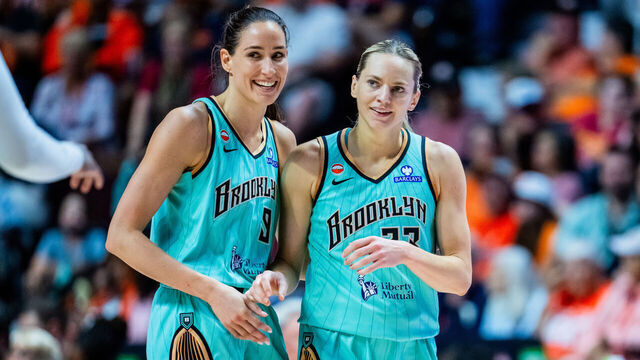 UNCASVILLE, CONNECTICUT - AUGUST 15: Rebecca Allen #9 and Marine Johannes #23 of the New York Liberty react during the second half of a WNBA basketball game against the Connecticut Sun at Mohegan Sun Arena on August 15, 2026 in Uncasville, Connecticut.
