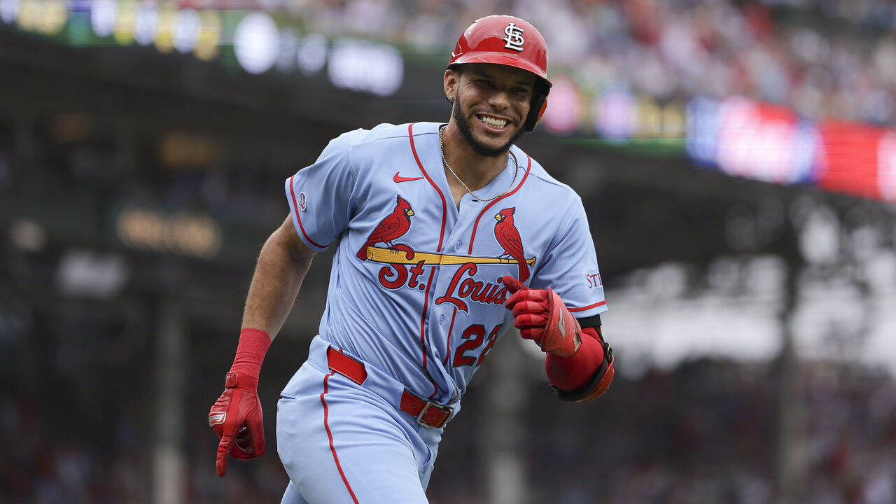 CHICAGO, ILLINOIS - AUGUST 15: Joshua Báez #22 of the St. Louis Cardinals celebrates after hitting a home run during the first inning against the Chicago Cubs at Wrigley Field on August 15, 2026 in Chicago, Illinois.