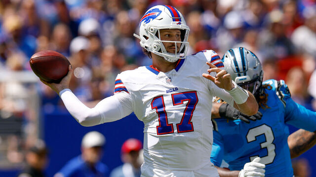 ORCHARD PARK, NEW YORK - AUGUST 15: Josh Allen #17 of the Buffalo Bills throws a pass during the first quarter of a preseason game against the Carolina Panthers at Highmark Stadium on August 15, 2026 in Orchard Park, New York.