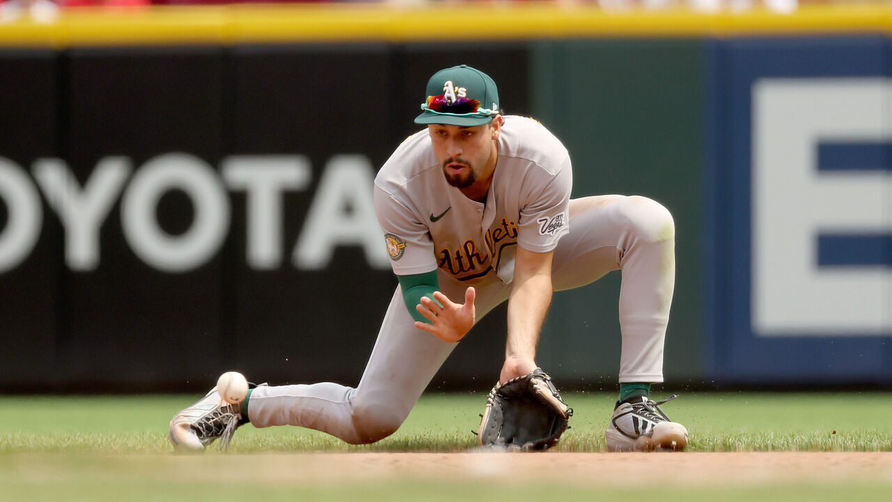 CINCINNATI, OHIO - AUGUST 6: Jonathan Ornelas #11 of the Athletics fields the ball during the game against the Cincinnati Reds at Great American Ball Park on August 6, 2026 in Cincinnati, Ohio. Cincinnati defeated the Athletics 6-5.