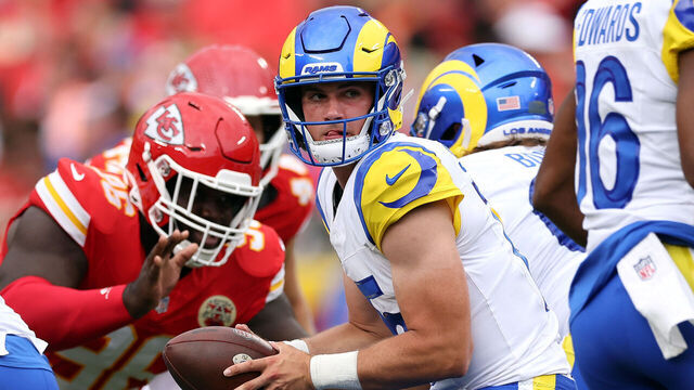 KANSAS CITY, MISSOURI - AUGUST 15: Quarterback Ty Simpson #15 of the Los Angeles Rams in action during the preseason game against the Kansas City Chiefs at Arrowhead Stadium on August 15, 2026 in Kansas City, Missouri.