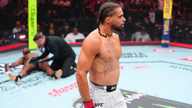 PHILADELPHIA, PENNSYLVANIA - AUGUST 15: Donte Johnson reacts after a knockout victory against Eric McConico in a middleweight fight during the UFC 330 event at Xfinity Mobile Arena on August 15, 2026 in Philadelphia, Pennsylvania.