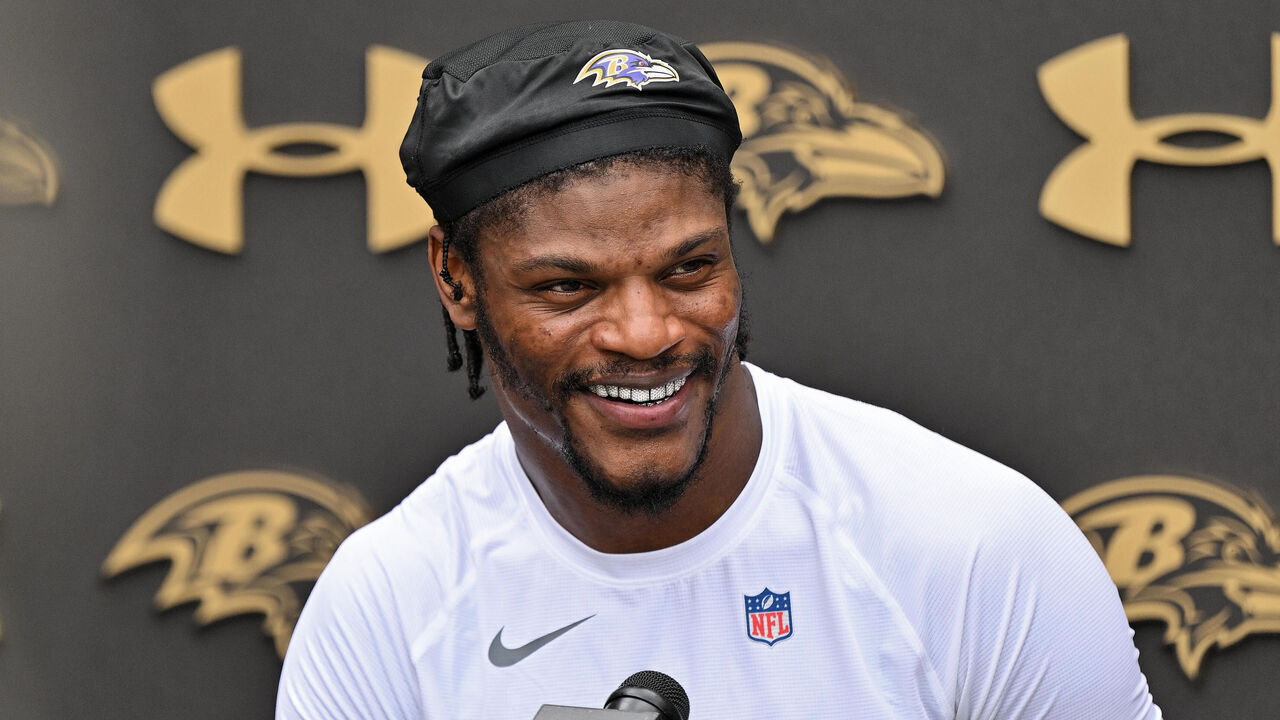 OWINGS MILLS, MARYLAND - JULY 29: Lamar Jackson #8 of the Baltimore Ravens speaks to the media on the first day of training camp at Under Armour Performance Center Baltimore Ravens on July 29, 2026 in Owings Mills, Maryland.