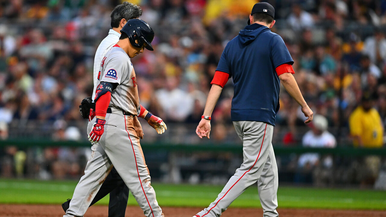 PITTSBURGH, PENNSYLVANIA - AUGUST 15: Masataka Yoshida #7 of the Boston Red Sox leaves the game after being injured while running to second base during the third inning against the Pittsburgh Pirates at PNC Park on August 15, 2026 in Pittsburgh, Pennsylvania.