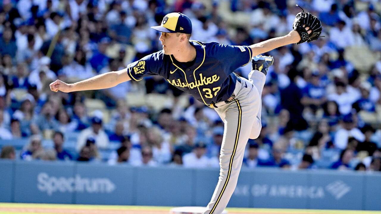 Los Angeles, - August 15: Starting pitcher Jacob Misiorowski #32 of the Milwaukee Brewers throws to the plate against the Los Angeles Dodgers in the third inning of a baseball game at Dodger Stadium in Los Angeles on Saturday, August 15, 2026.