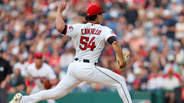 CLEVELAND, OH - AUGUST 15: Cleveland Guardians starting pitcher Joey Cantillo (54) delivers a pitch to the plate during the first inning of the Major League Baseball interleague game between the San Diego Padres and Cleveland Guardians on August 15, 2026, at Progressive Field in Cleveland, OH.