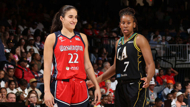 WASHINGTON, D.C. - AUGUST 15: Sonia Citron #22 of the Washington Mystics and Ariel Atkins #7 of the Los Angeles Sparks looks on during the game on August 15, 2026 at CareFirst Arena in Washington, D.C. Mandatory Copyright Notice: Copyright 2026 NBAE