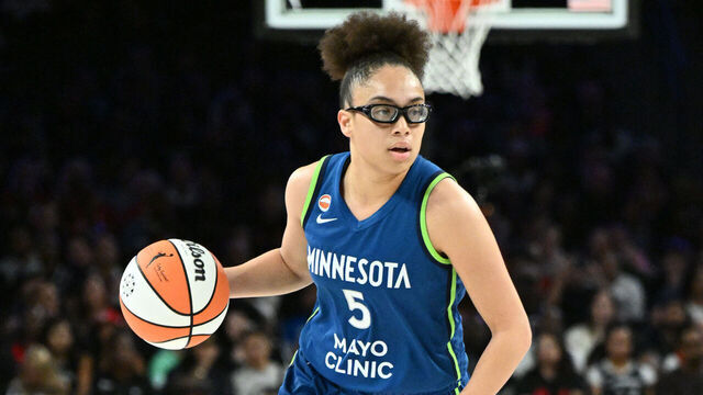 LAS VEGAS, NV - AUGUST 15: Olivia Miles #5 of the Minnesota Lynx dribbles the ball during the game against the Las Vegas Aces on August 15, 2026 at Michelob ULTRA Arena in Las Vegas, Nevada. Mandatory Copyright Notice: Copyright 2026 NBAE