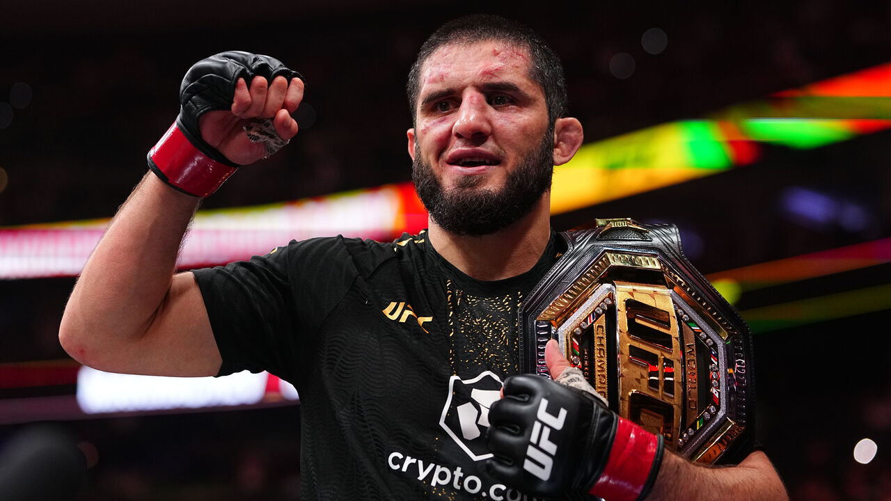 PHILADELPHIA, PENNSYLVANIA - AUGUST 15: Islam Makhachev of Russia reacts after a victory against Ian Machado Garry of Ireland in the UFC welterweight championship fight during the UFC 330 event at Xfinity Mobile Arena on August 15, 2026 in Philadelphia, Pennsylvania.