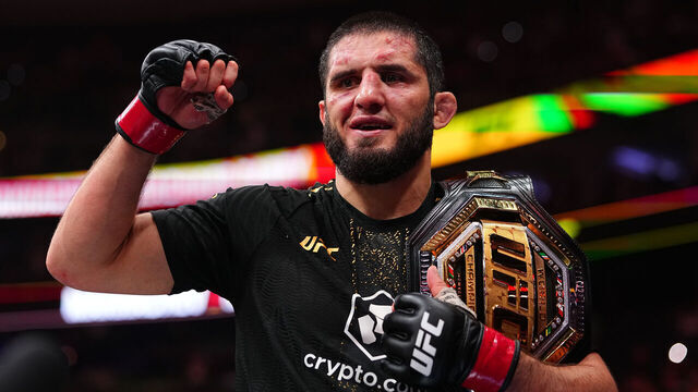 PHILADELPHIA, PENNSYLVANIA - AUGUST 15: Islam Makhachev of Russia reacts after a victory against Ian Machado Garry of Ireland in the UFC welterweight championship fight during the UFC 330 event at Xfinity Mobile Arena on August 15, 2026 in Philadelphia, Pennsylvania.