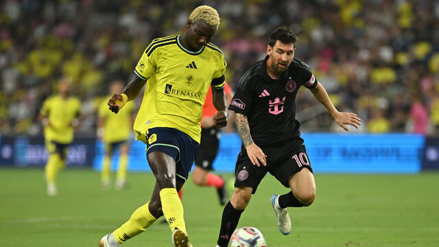 NASHVILLE, TENNESSEE - AUGUST 15: Maxwell Woledzi #3 of Nashville SC controls the ball whilst under pressure from Lionel Messi #10 of Inter Miami CF during the MLS match between Nashville SC v Inter Miami CF at GEODIS Park on August 15, 2026 in Nashville, Tennessee.