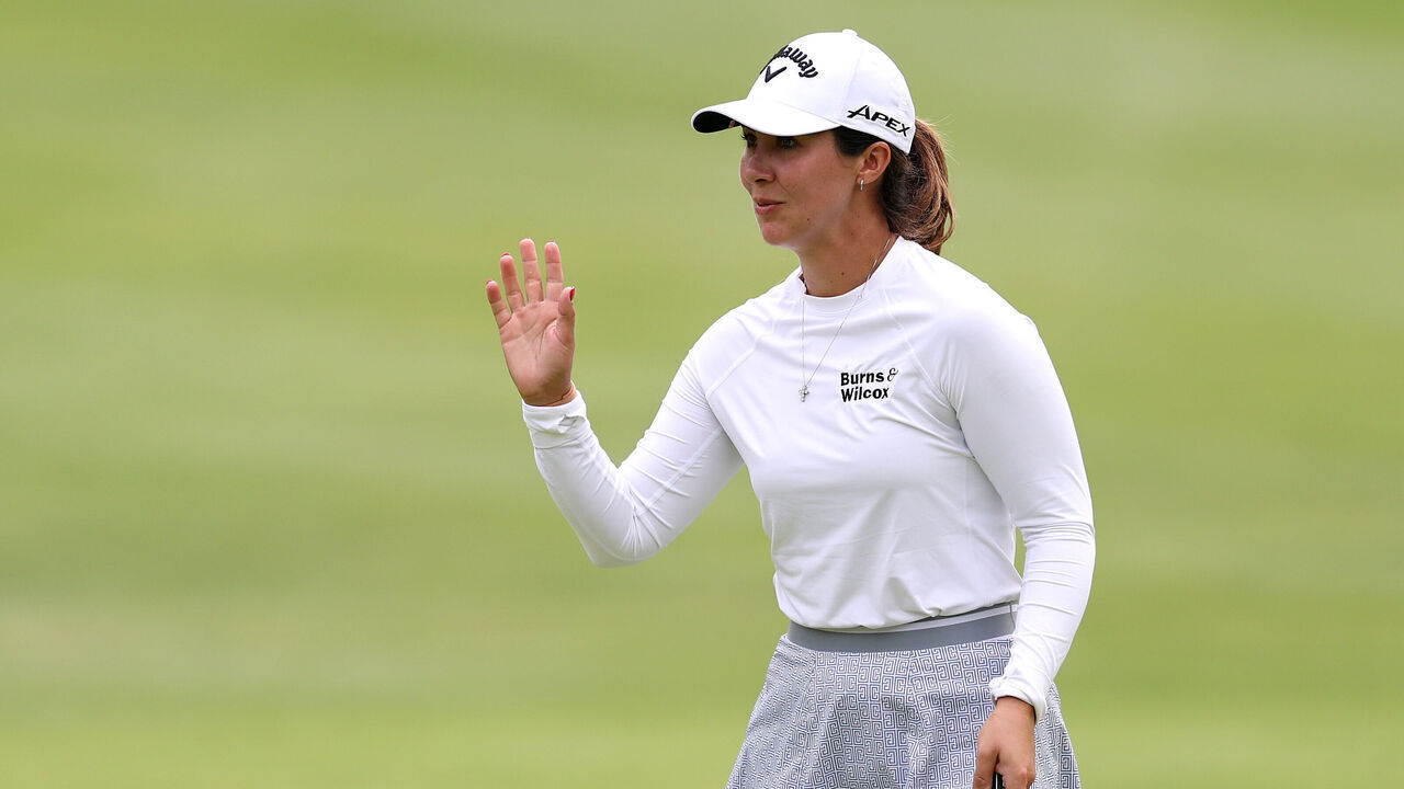 PORTLAND, OREGON - AUGUST 15: Sophia Schubert of the United States reacts on the 18th green during the third round of The Standard Portland Classic 2026 at Columbia Edgewater Country Club on August 15, 2026 in Portland, Oregon.