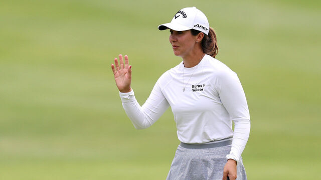 PORTLAND, OREGON - AUGUST 15: Sophia Schubert of the United States reacts on the 18th green during the third round of The Standard Portland Classic 2026 at Columbia Edgewater Country Club on August 15, 2026 in Portland, Oregon.