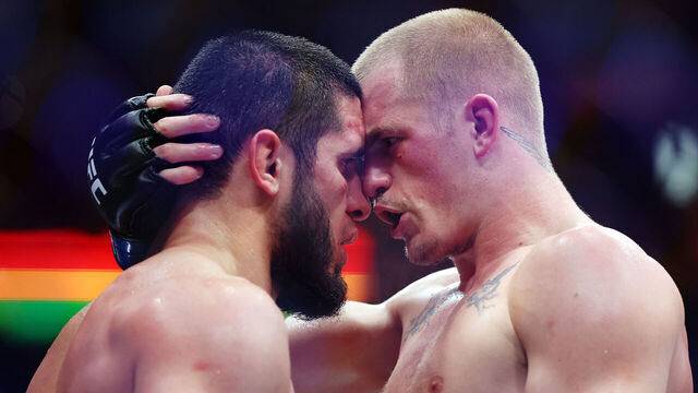 PHILADELPHIA, PENNSYLVANIA - AUGUST 15: Islam Makhachev of Russia and Ian Machado Garry of Ireland embrace after a welterweight title bout during UFC 330 at Xfinity Mobile Arena on August 15, 2026 in Philadelphia, Pennsylvania.