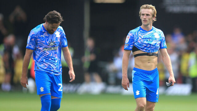 Southampton's Flynn Downes (right) and Ben Brereton Diaz look dejected following defeat in the Sky Bet Championship match at Vicarage Road, Watford. Picture date: Sunday August 16, 2026.
