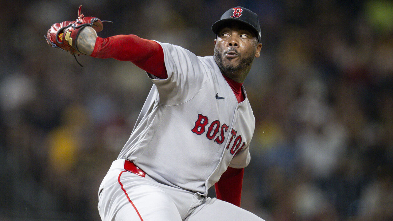 PITTSBURGH, PENNSYLVANIA - AUGUST 15: Aroldis Chapman #44 of the Boston Red Sox pitches during the ninth inning of a game against the Pittsburgh Pirates on August 15, 2026 at PNC Park in Pittsburgh, Pennsylvania.