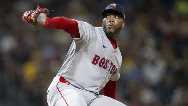 PITTSBURGH, PENNSYLVANIA - AUGUST 15: Aroldis Chapman #44 of the Boston Red Sox pitches during the ninth inning of a game against the Pittsburgh Pirates on August 15, 2026 at PNC Park in Pittsburgh, Pennsylvania.