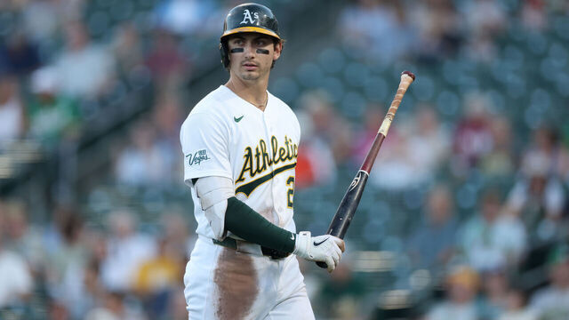 SACRAMENTO, CALIFORNIA - AUGUST 10: Tyler Soderstrom #21 of the Athletics walks back to dugout after striking out against the Tampa Bay Rays at Sutter Health Park on August 10, 2026 in Sacramento, California.