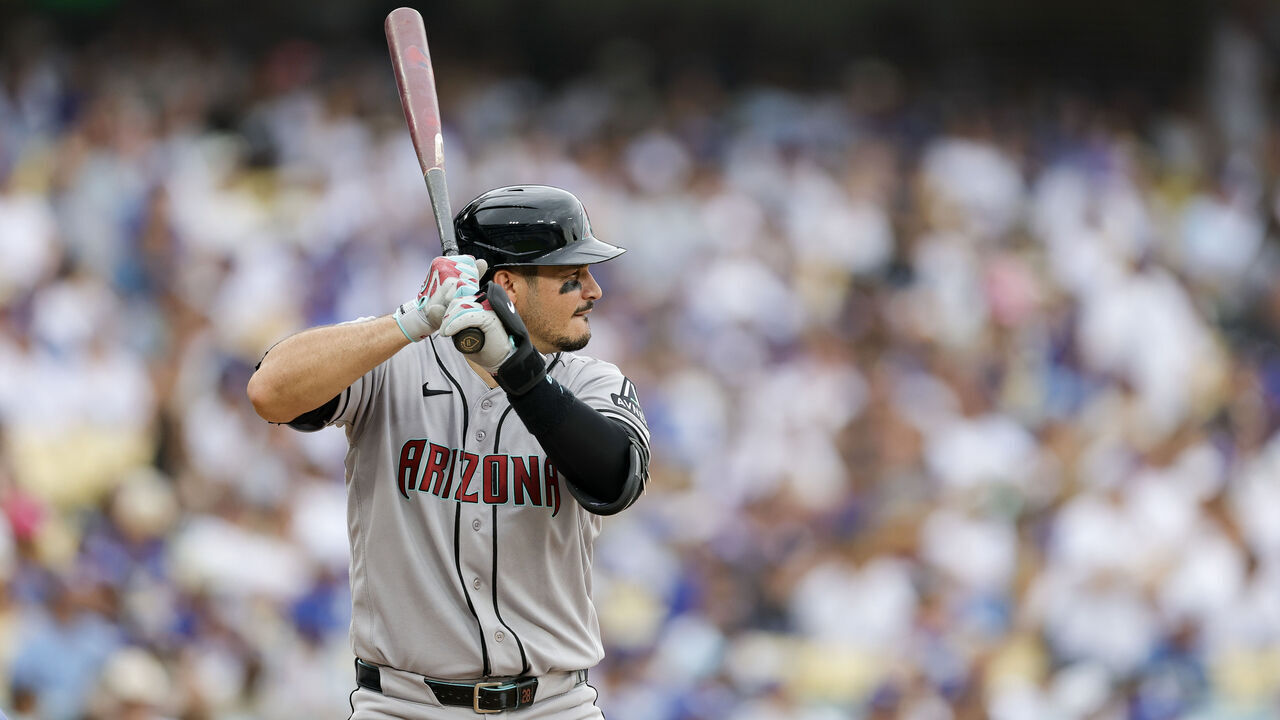 LOS ANGELES, CALIFORNIA - JULY 12: Nolan Arenado #28 of the Arizona Diamondbacks at bat during the second inning against the Los Angeles Dodgers at Dodger Stadium on July 12, 2026 in Los Angeles, California.