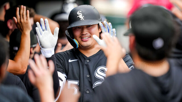 DETROIT, MICHIGAN - AUGUST 16: Munetaka Murakami #5 of the Chicago White Sox celebrates with teammates after hitting a two-run home run against the Detroit Tigers during the top of the seventh inning at Comerica Park on August 16, 2026 in Detroit, Michigan.