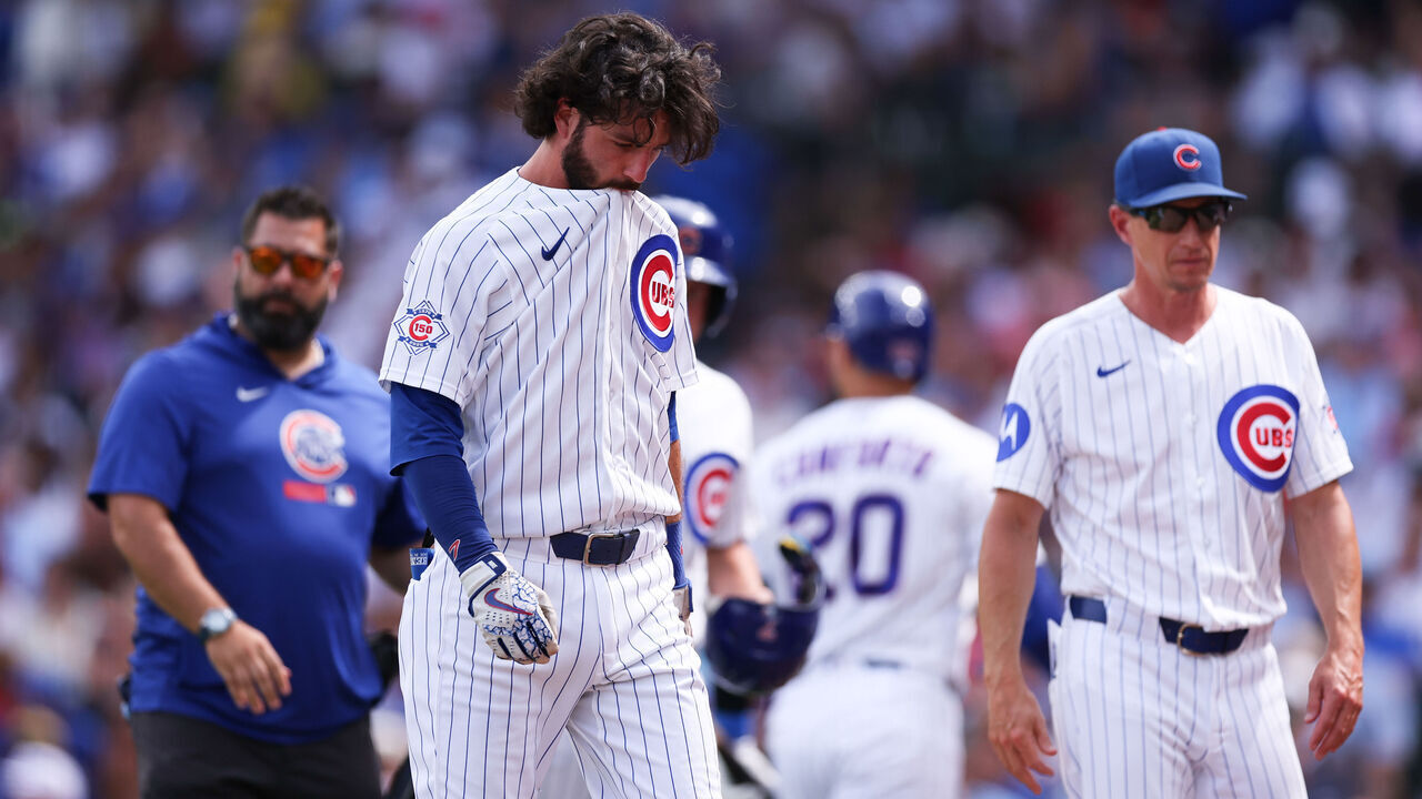 CHICAGO, ILLINOIS - AUGUST 16: Dansby Swanson #7 of the Chicago Cubs leaves the game during the second inning against the St. Louis Cardinals at Wrigley Field on August 16, 2026 in Chicago, Illinois.
