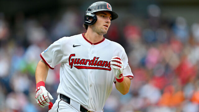 CLEVELAND, OHIO - AUGUST 06: Chase DeLauter #24 of the Cleveland Guardians runs out a single during the fifth inning against the New York Mets at Progressive Field on August 06, 2026, in Cleveland, Ohio.