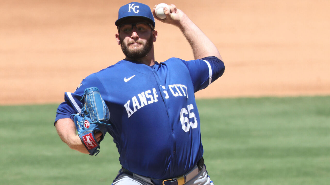 ANAHEIM, CALIFORNIA - AUGUST 16: Noah Cameron #65 of the Kansas City Royals throws a pitch in the third inning against the Los Angeles Angels at Angel Stadium of Anaheim on August 16, 2026 in Anaheim, California.