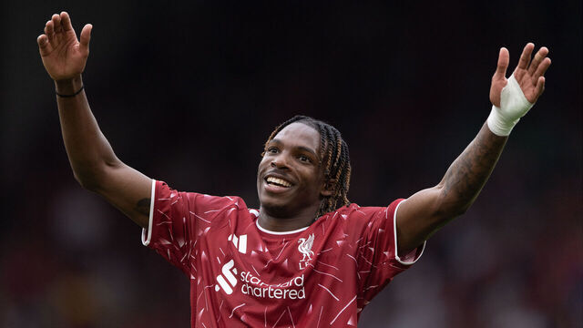 LIVERPOOL, ENGLAND - AUGUST 16: Jeremy Jacquet of Liverpool celebrates scoring the second goal during the pre-season friendly match between Liverpool FC and Como Calcio at Anfield on August 16, 2026 in Liverpool, England.