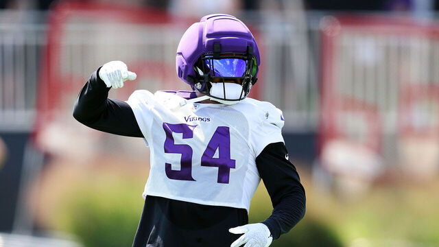 EAGAN, MINNESOTA - AUGUST 01: Jamal Adams #54 of the Minnesota Vikings reacts during Training Camp at Twin Cities Orthopedics Performance Center on August 01, 2026 in Eagan, Minnesota.
