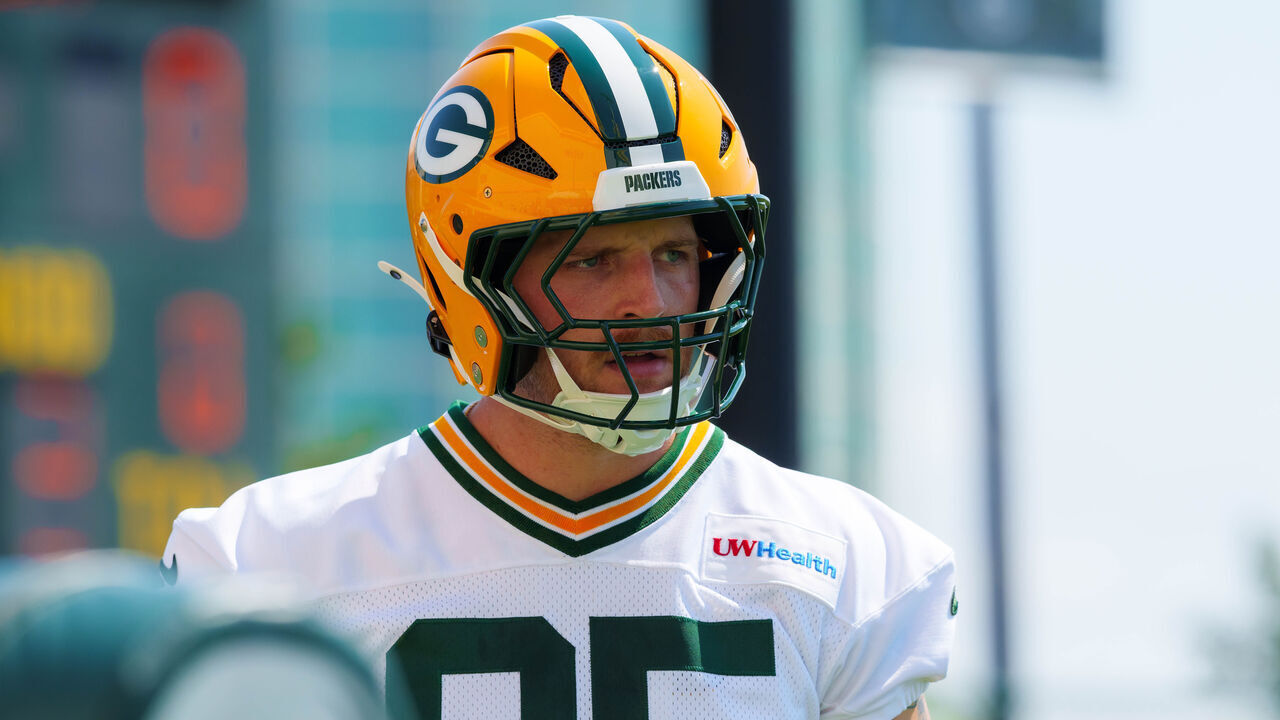 Tucker Kraft #85 of the Green Bay Packers during training camp at Ray Nitschke Field in Ashwaubenon, Wisconsin, on August 2, 2026.