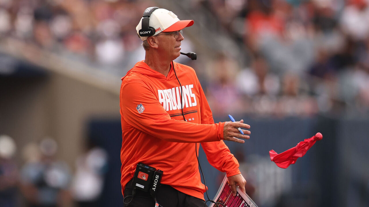 CHICAGO, ILLINOIS - AUGUST 15: Head coach Todd Monken of the Cleveland Browns throws the red flag to challenge a play during the second half of the preseason game against the Chicago Bears at Soldier Field on August 15, 2026 in Chicago, Illinois.