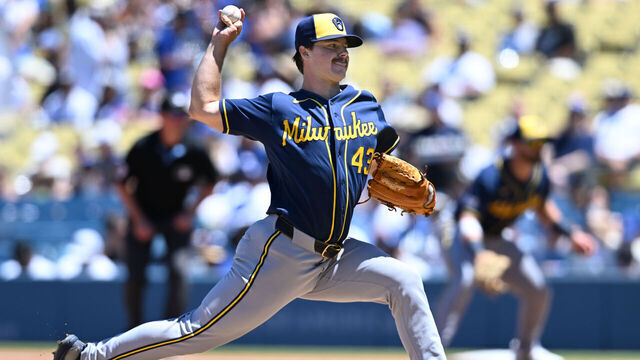 LOS ANGELES, CALIFORNIA - AUGUST 16: Logan Henderson #43 of the Milwaukee Brewers pitches in the first inning against the Los Angeles Dodgers at Dodger Stadium on August 16, 2026 in Los Angeles, California.