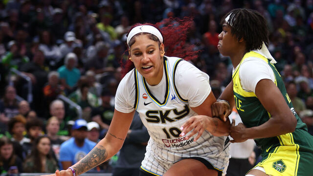 SEATTLE, WA - AUGUST 16 : Kamilla Cardoso #10 of the Chicago Sky dribbles the ball during the game against the Seattle Storm on August 16, 2026 at Climate Pledge Arena in Seattle, Washington. Mandatory Copyright Notice: Copyright 2026 NBAE